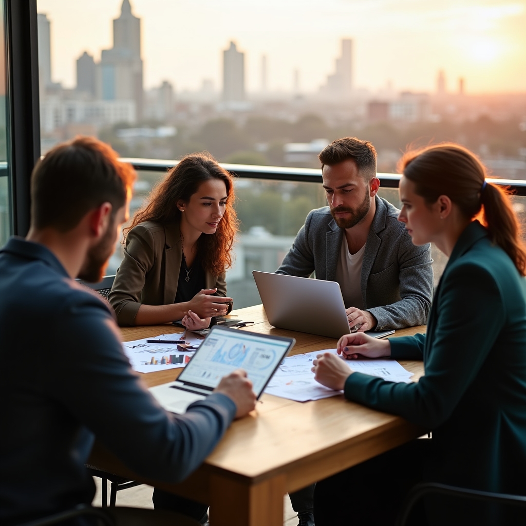 Equipo pequeño reunido en una terraza revisando métricas en un portátil