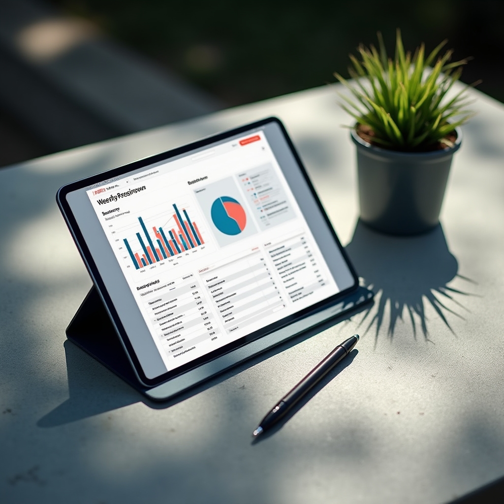 Informe de métricas semanal abierto en una tableta sobre un escritorio